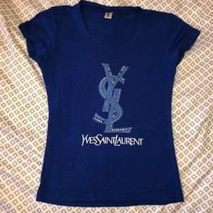blue bedazzled YSL shirt